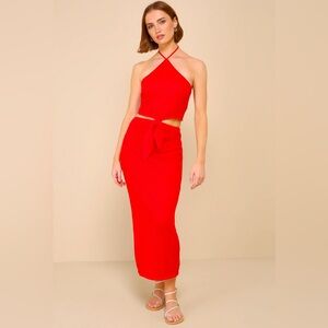 Lulus Sunny Serenity Bright Red Crochet Cutout Halter Midi Dress, Size XS-NWT